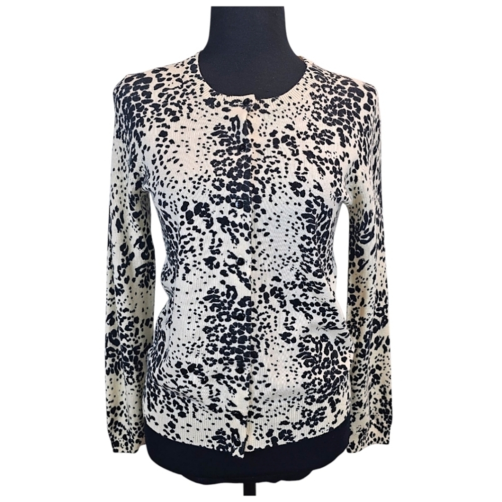 J. Crew Merino Wool Leopard Print Cardigan Small Ivory Black Lightweight Preppy